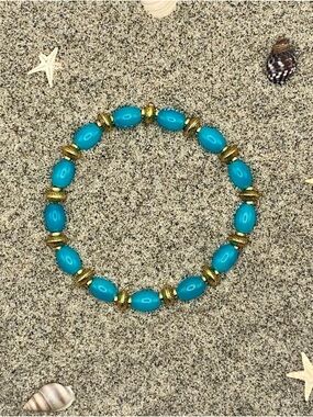 Turquoise Bead Stretch Bracelet with Gold Accents - Women Jewelry